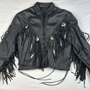 Moto Leather Jacket by Barney's Leather Women's Sz L Fringe Tassel Conch Beaded